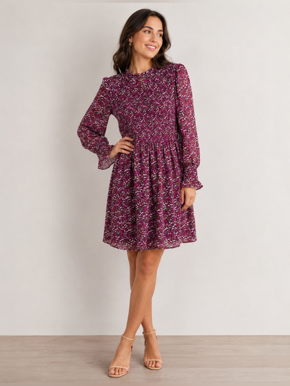 Draper James RSVP Mock Neck Smocked Floral Mini Dress Long Sleeve Plaid Size 1X